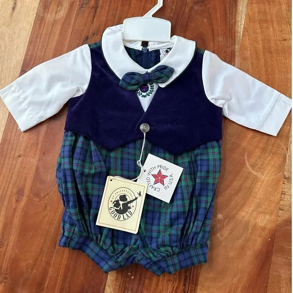 Vintage Good Lad‎ Long Sleeve Green Plaid Vest Pant One Piece Deadstock